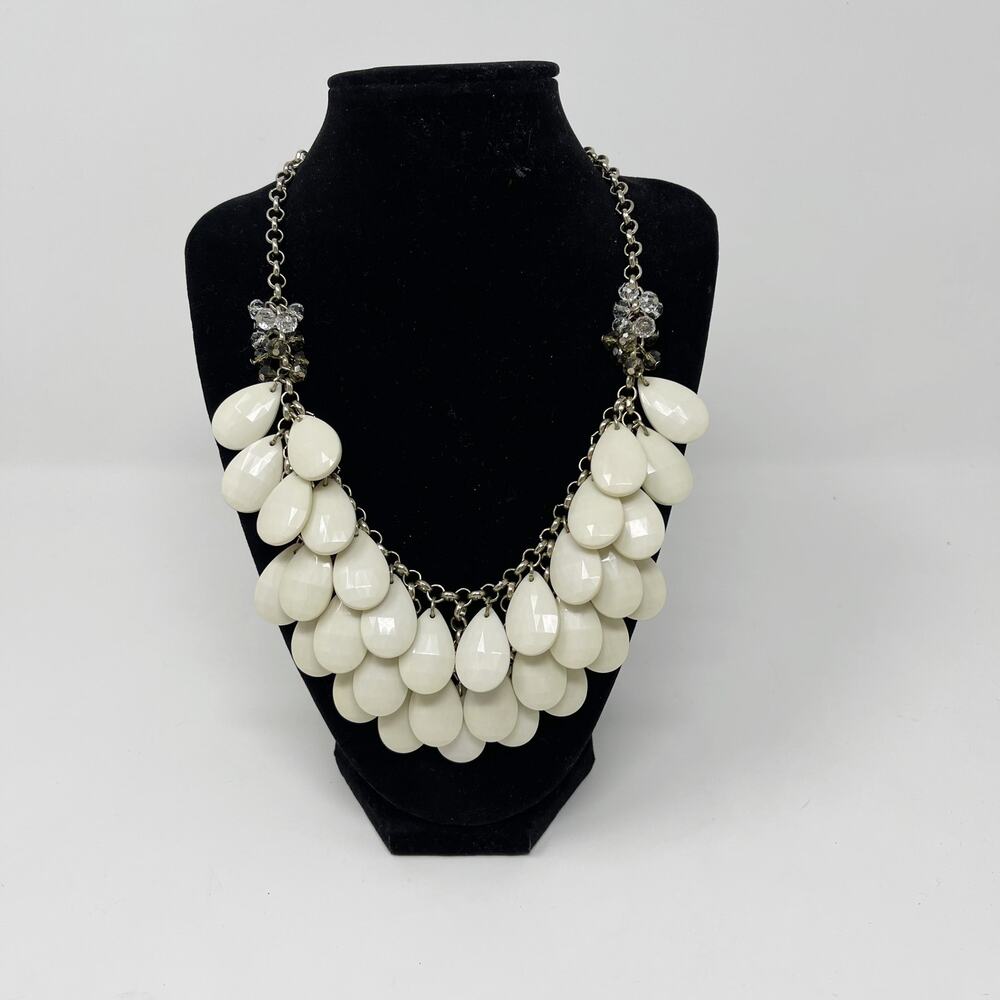 Cream and Gold Tone Bauble Layered Statement Necklace Gem Beads Tiered Costume